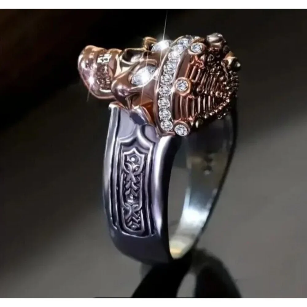 Men's Steel & Gold King SKULL Crystal Eye Ring Size 10 Halloween Biker